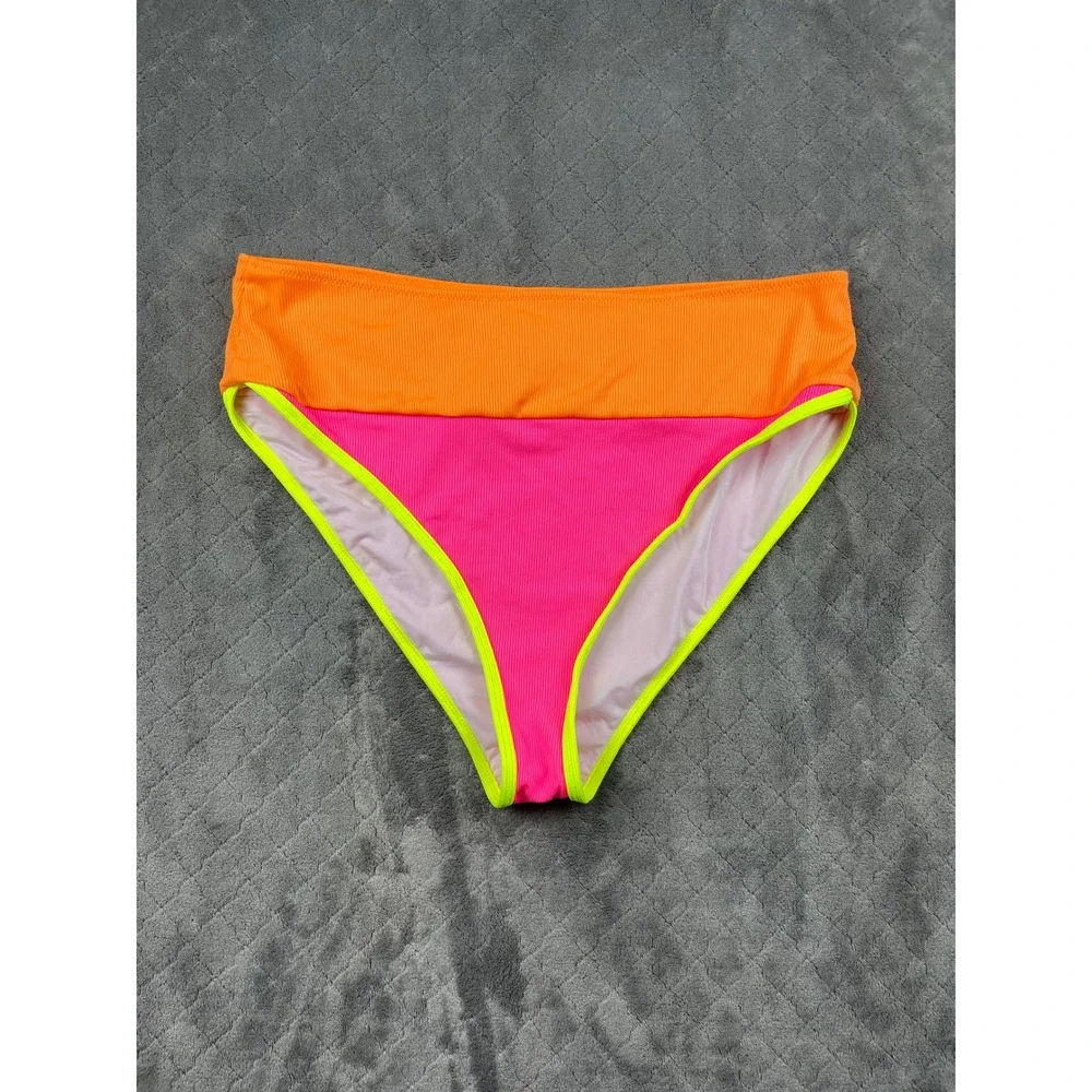 Popvil Neon Colorblock‎ Ribbed High Waisted Bikini Bottom Orange Pink XXL NEW